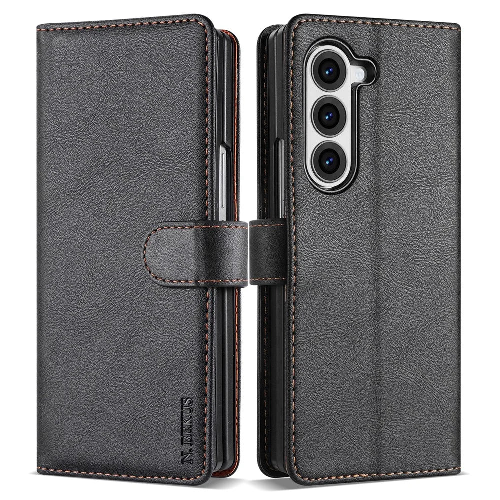 N.BEKUS CSJ-001 For Samsung Galaxy Z Fold6 5G Stand Case PU Leather Wallet Phone Cover - Black - 1