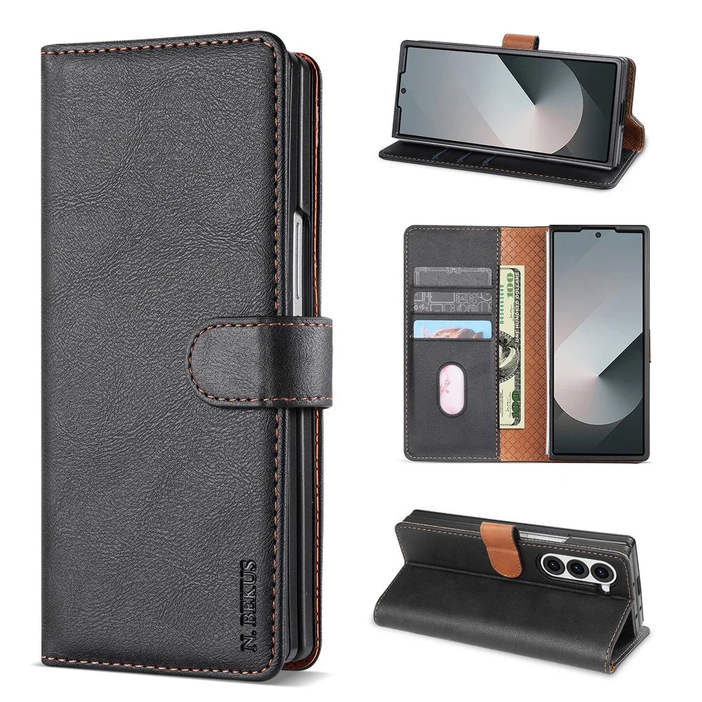 N.BEKUS CSJ-001 For Samsung Galaxy Z Fold6 5G Stand Case PU Leather Wallet Phone Cover - Black - 6