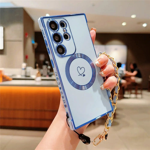 For Samsung Galaxy S24 Ultra Magnetic Case Electroplated Love Hearts TPU Phone Cover with Chain Strap - Blue - 1