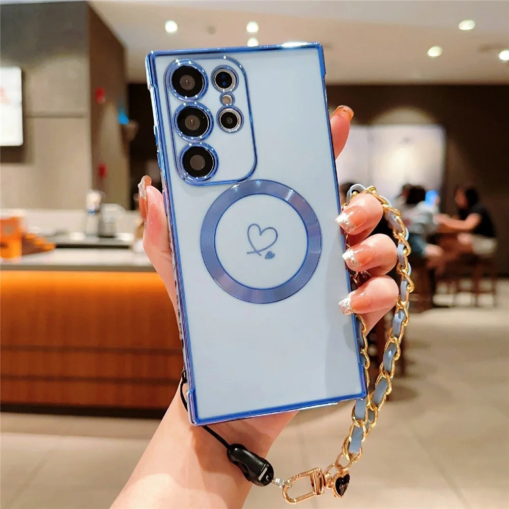 For Samsung Galaxy S24 Ultra Magnetic Case Electroplated Love Hearts TPU Phone Cover with Chain Strap - Blue - 2