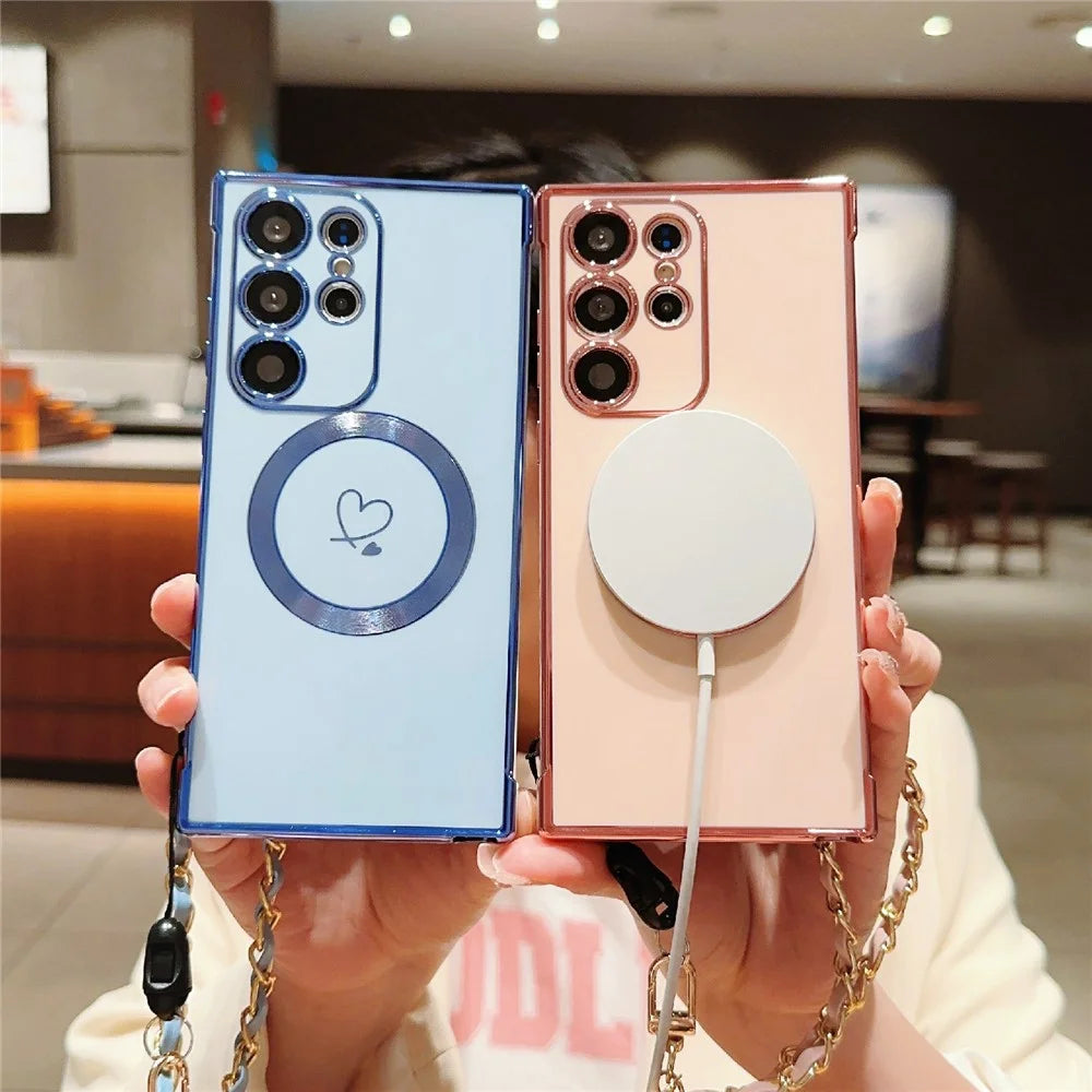 For Samsung Galaxy S24 Ultra Magnetic Case Electroplated Love Hearts TPU Phone Cover with Chain Strap - Blue - 3