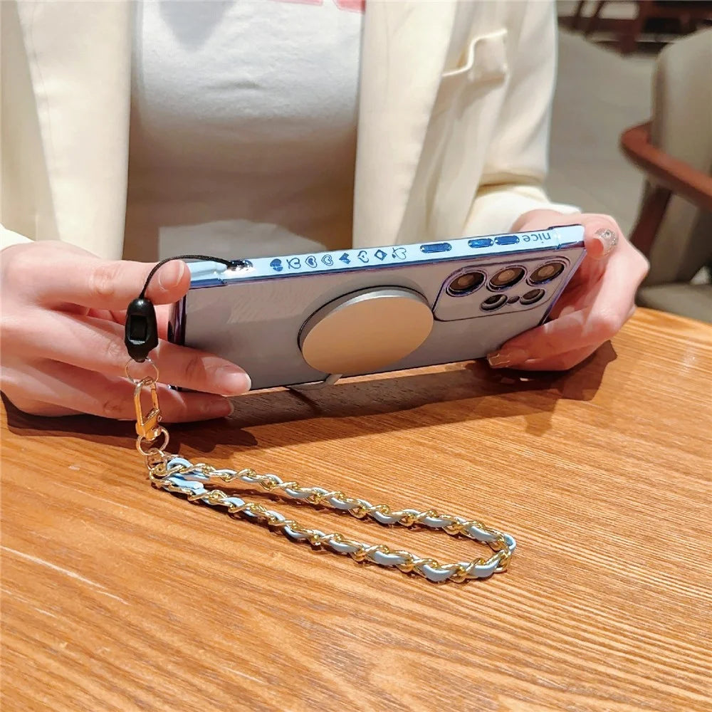 For Samsung Galaxy S24 Ultra Magnetic Case Electroplated Love Hearts TPU Phone Cover with Chain Strap - Blue - 5