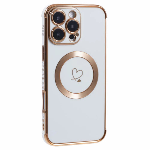 For iPhone 16 Pro Max Case Compatible with MagSafe Electroplated Love Hearts TPU Phone Cover with Chain Strap - Ivory White - 1