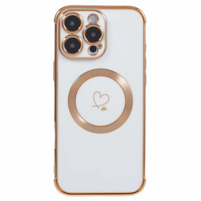 For iPhone 16 Pro Max Case Compatible with MagSafe Electroplated Love Hearts TPU Phone Cover with Chain Strap - Ivory White - 3
