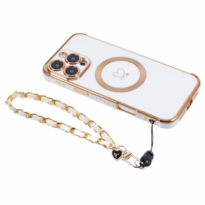 For iPhone 16 Pro Max Case Compatible with MagSafe Electroplated Love Hearts TPU Phone Cover with Chain Strap - Ivory White - 5