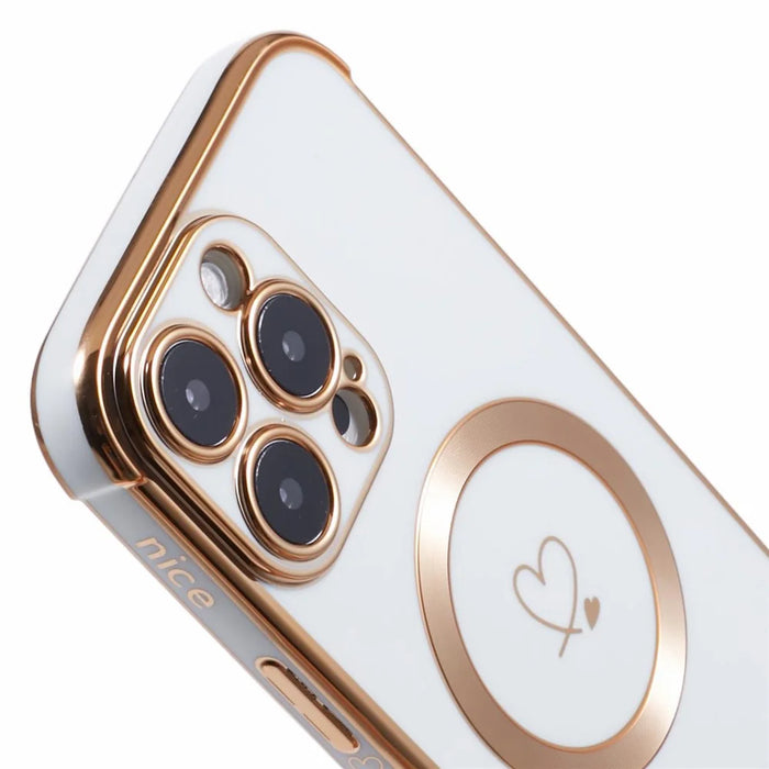 For iPhone 16 Pro Max Case Compatible with MagSafe Electroplated Love Hearts TPU Phone Cover with Chain Strap - Ivory White - 7