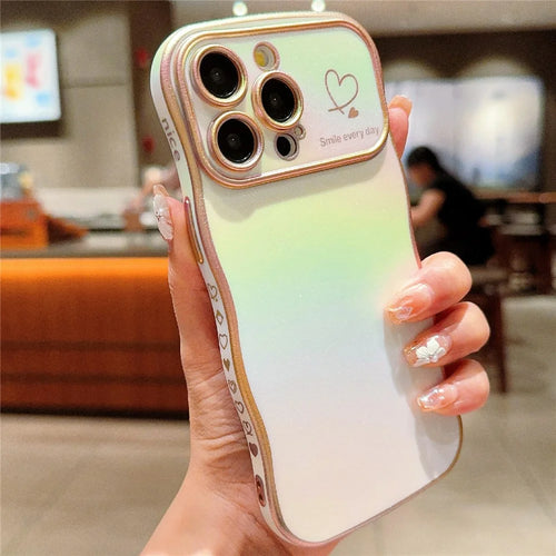 For iPhone 15 Pro Case Curly Shape Love Heart TPU Phone Cover Iridescent Gradient - Colorful White - 1