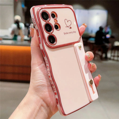 For Samsung Galaxy S24 Ultra Case Love Heart Electroplated TPU Phone Cover with Wrist Strap Kickstand - Rose Pink - 1