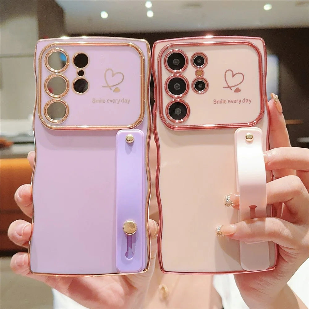 For Samsung Galaxy S24 Ultra Case Love Heart Electroplated TPU Phone Cover with Wrist Strap Kickstand - Rose Pink - 4