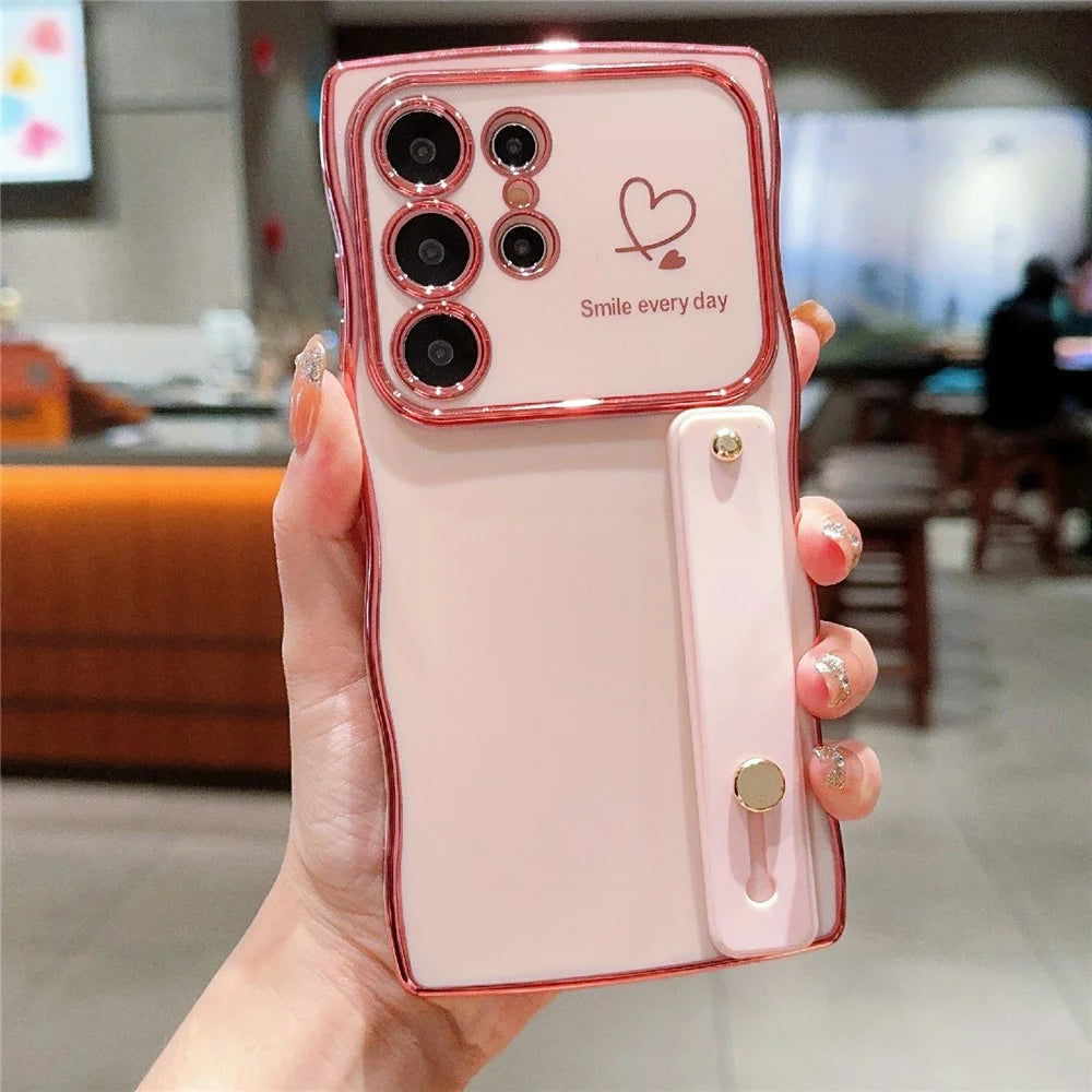 For Samsung Galaxy S23 Ultra Case Love Heart Electroplated TPU Phone Cover with Wrist Strap Kickstand - Rose Pink - 3