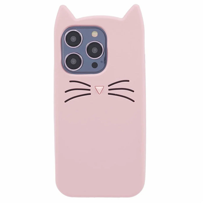 For iPhone 16 Pro Silicone Case 3D Moustache Cat Protective Phone Cover - Pink - 1