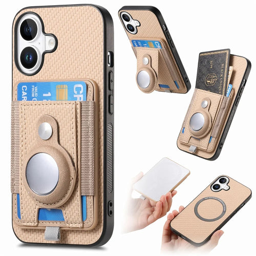 For iPhone 16 Case with  AirTag Holder Detachable Card Slot Leather + TPU + PC Phone Cover - Apricot - 1