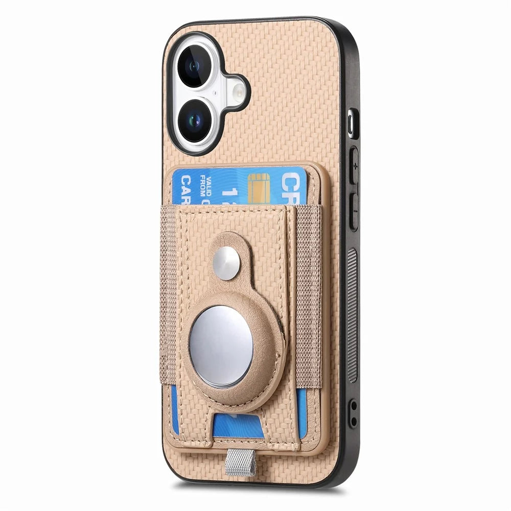 For iPhone 16 Case with  AirTag Holder Detachable Card Slot Leather + TPU + PC Phone Cover - Apricot - 2