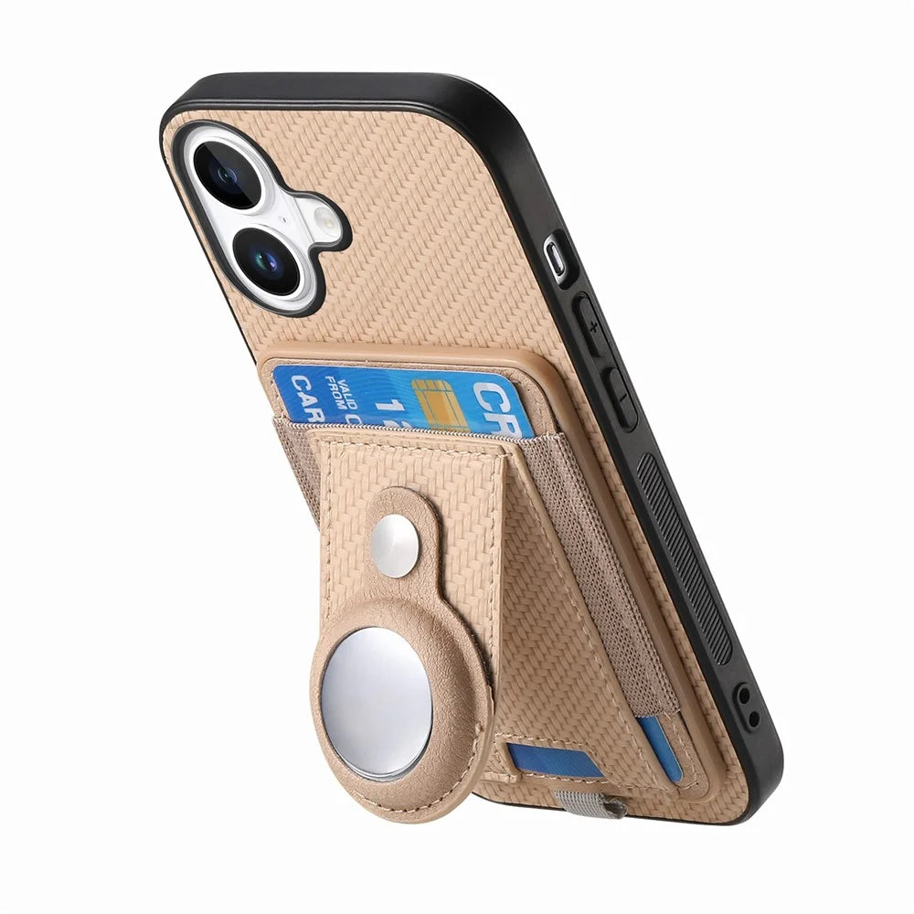 For iPhone 16 Case with  AirTag Holder Detachable Card Slot Leather + TPU + PC Phone Cover - Apricot - 3