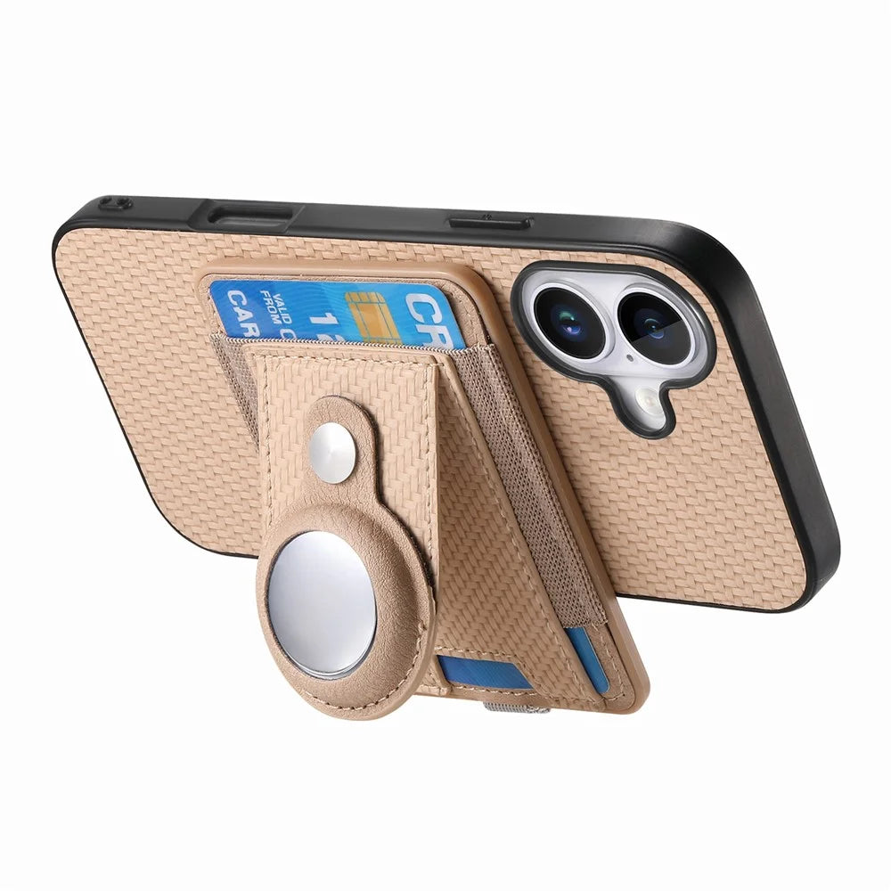 For iPhone 16 Case with  AirTag Holder Detachable Card Slot Leather + TPU + PC Phone Cover - Apricot - 4
