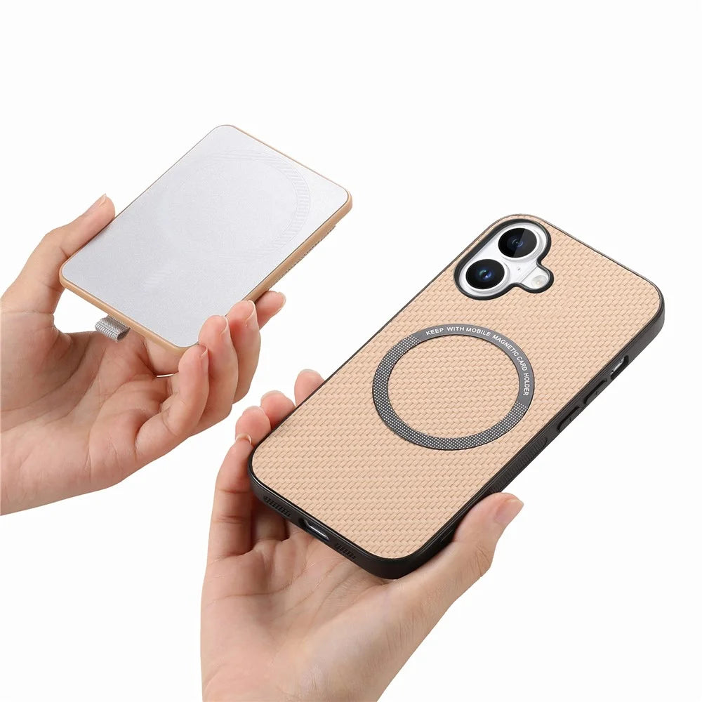 For iPhone 16 Case with  AirTag Holder Detachable Card Slot Leather + TPU + PC Phone Cover - Apricot - 5
