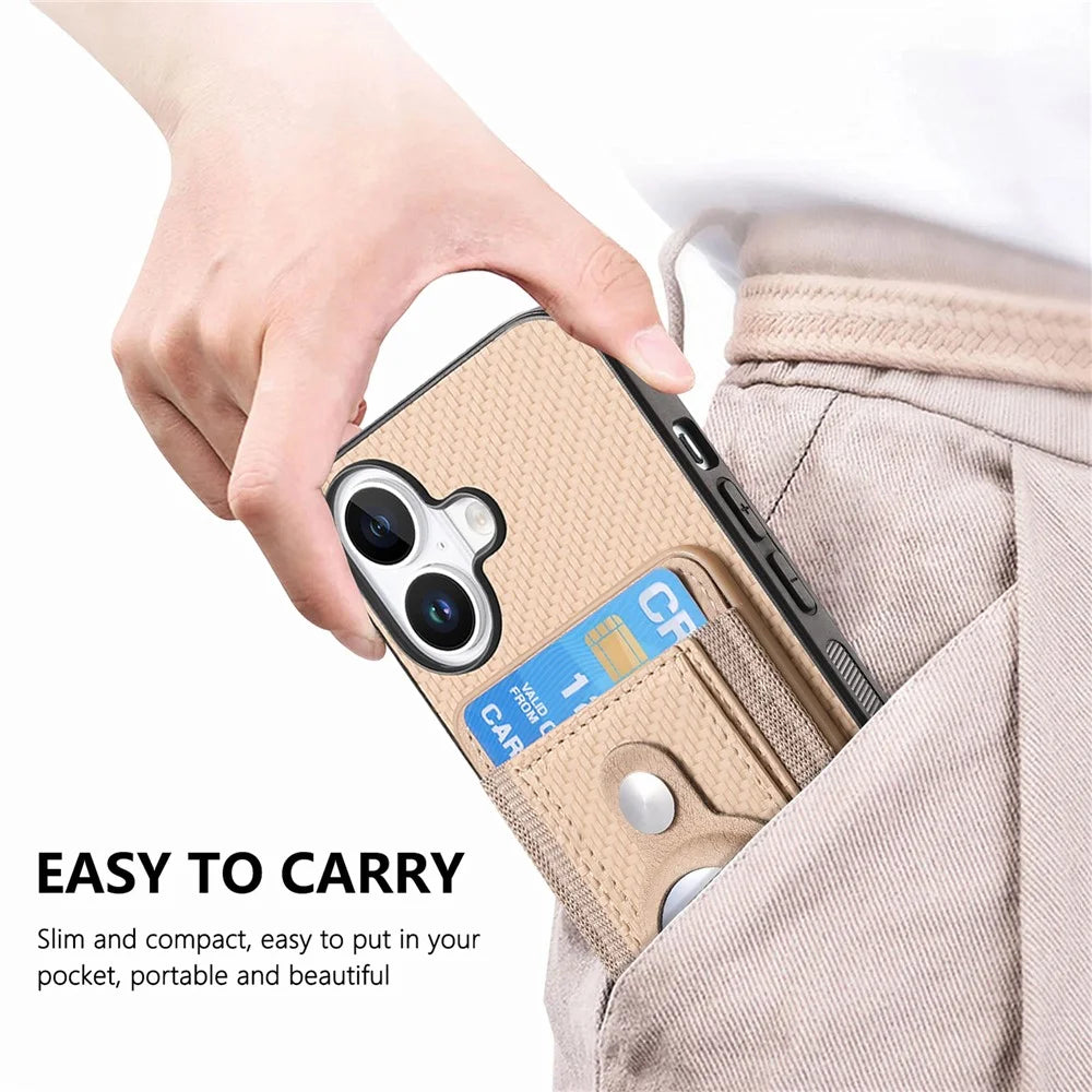 For iPhone 16 Case with  AirTag Holder Detachable Card Slot Leather + TPU + PC Phone Cover - Apricot - 6