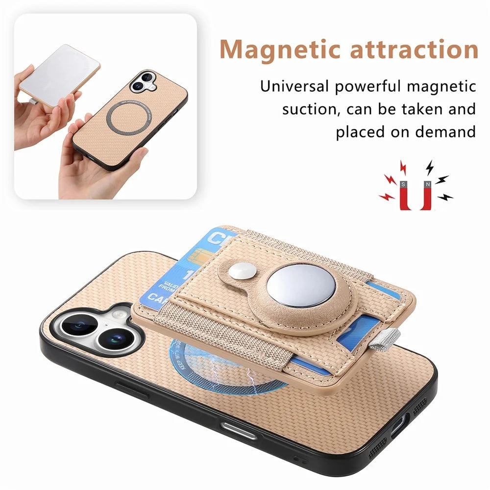 For iPhone 16 Case with  AirTag Holder Detachable Card Slot Leather + TPU + PC Phone Cover - Apricot - 7