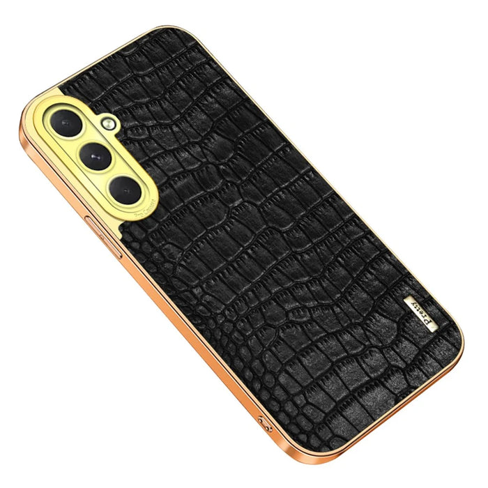 For Samsung Galaxy S24 FE Case Crocodile Texture Electroplated TPU+Leather Phone Cover - Black - 1