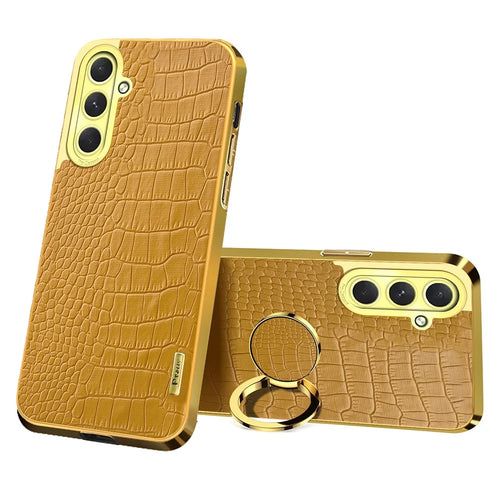 For Samsung Galaxy S24 FE Case Finger Ring Kickstand TPU+Leather 6D Electroplating Phone Cover - Yellow - 1