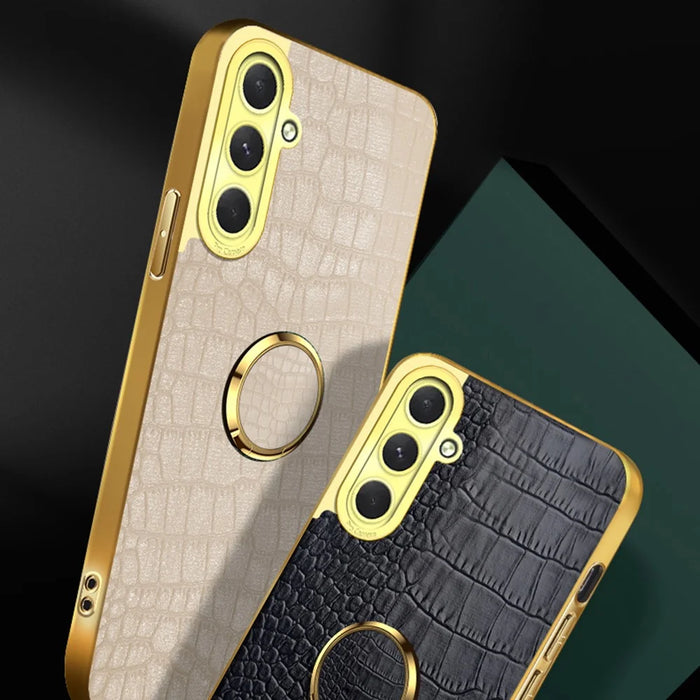For Samsung Galaxy S24 FE Case Finger Ring Kickstand TPU+Leather 6D Electroplating Phone Cover - Yellow - 2