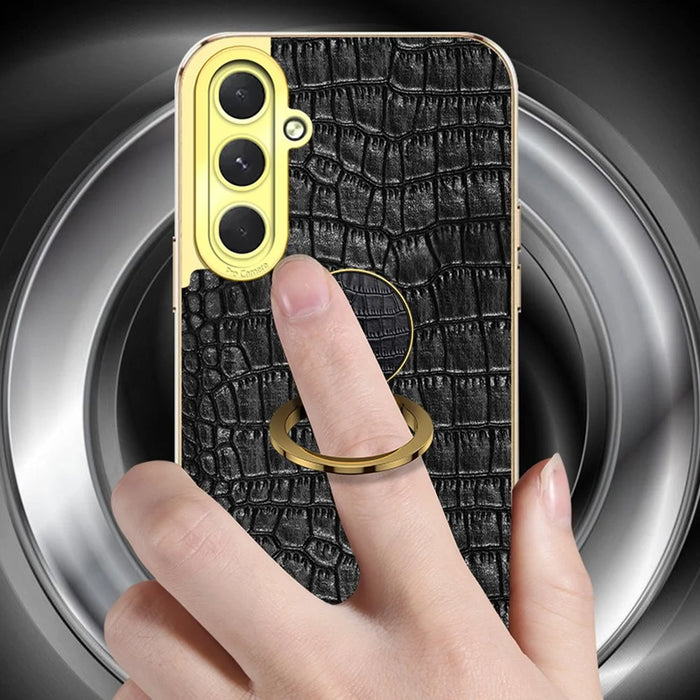 For Samsung Galaxy S24 FE Case Finger Ring Kickstand TPU+Leather 6D Electroplating Phone Cover - Yellow - 3