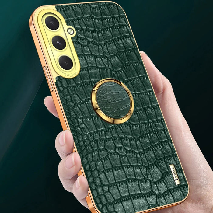 For Samsung Galaxy S24 FE Case Finger Ring Kickstand TPU+Leather 6D Electroplating Phone Cover - Yellow - 4