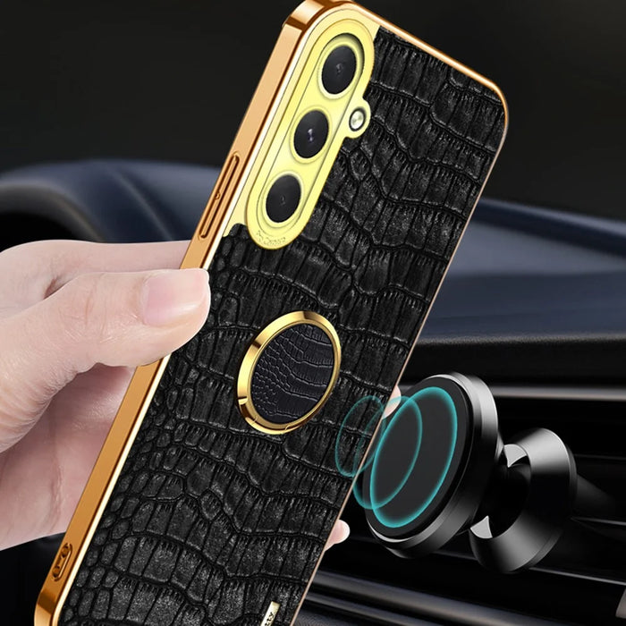 For Samsung Galaxy S24 FE Case Finger Ring Kickstand TPU+Leather 6D Electroplating Phone Cover - Yellow - 5