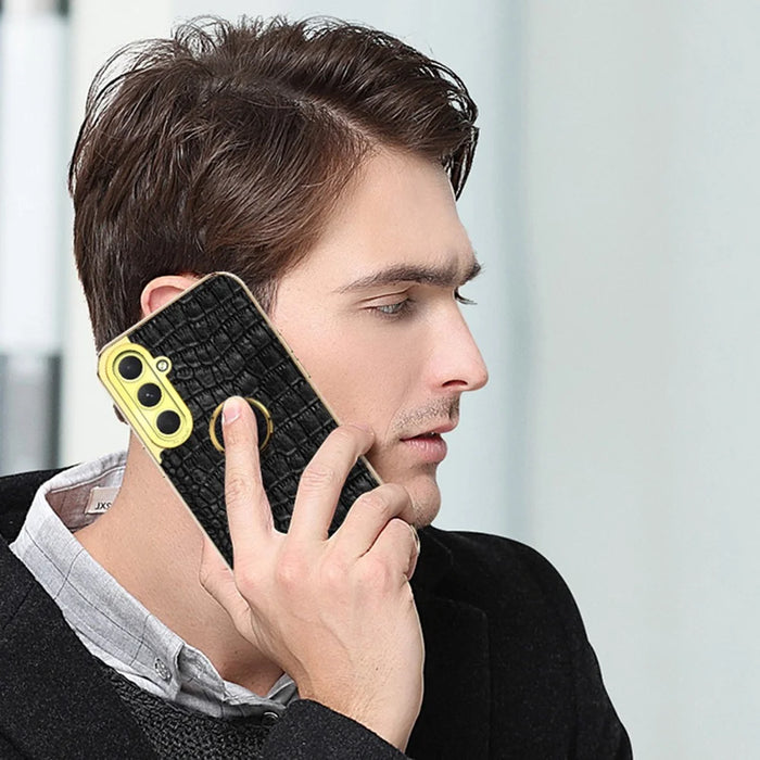 For Samsung Galaxy S24 FE Case Finger Ring Kickstand TPU+Leather 6D Electroplating Phone Cover - Yellow - 6