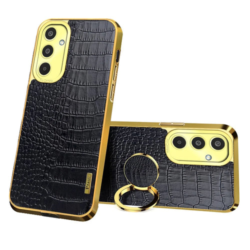For Samsung Galaxy M35 5G Case Finger Ring Kickstand TPU+Leather 6D Electroplating Phone Cover - Black - 1
