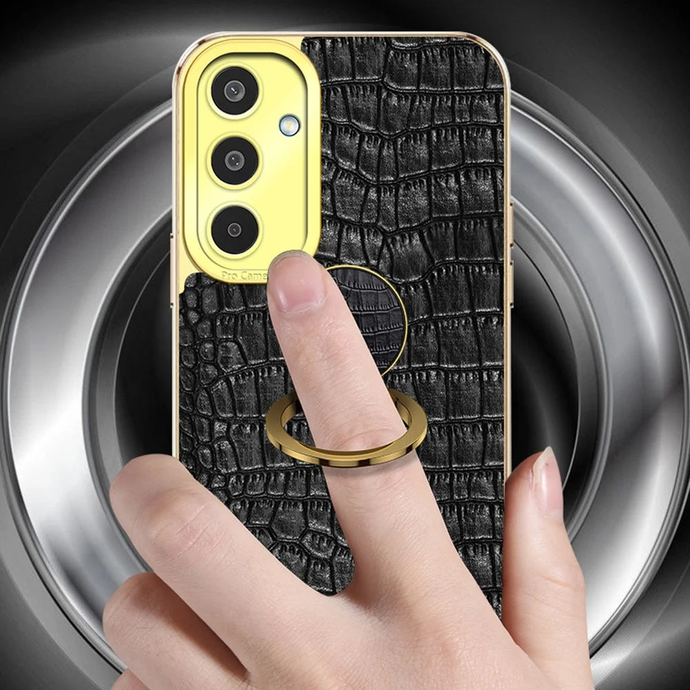 For Samsung Galaxy M35 5G Case Finger Ring Kickstand TPU+Leather 6D Electroplating Phone Cover - Black - 2