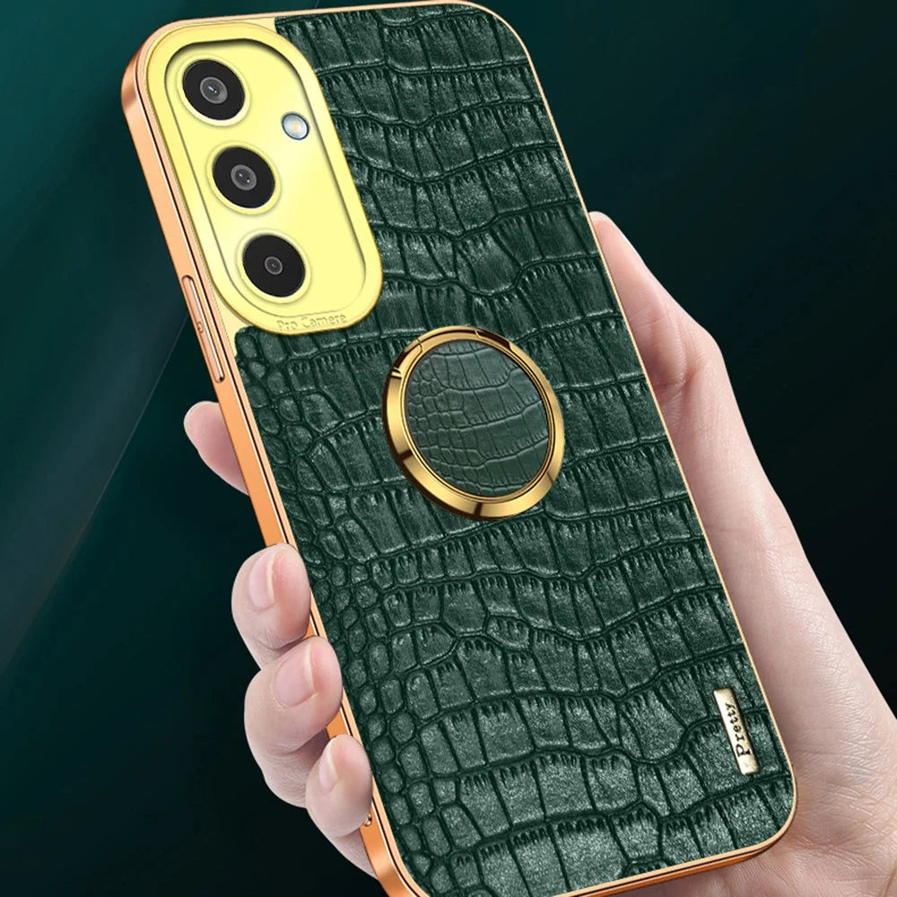 For Samsung Galaxy M35 5G Case Finger Ring Kickstand TPU+Leather 6D Electroplating Phone Cover - Black - 3