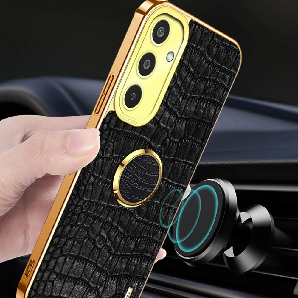 For Samsung Galaxy M35 5G Case Finger Ring Kickstand TPU+Leather 6D Electroplating Phone Cover - Black - 4