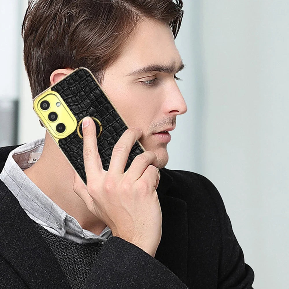For Samsung Galaxy M35 5G Case Finger Ring Kickstand TPU+Leather 6D Electroplating Phone Cover - Black - 5