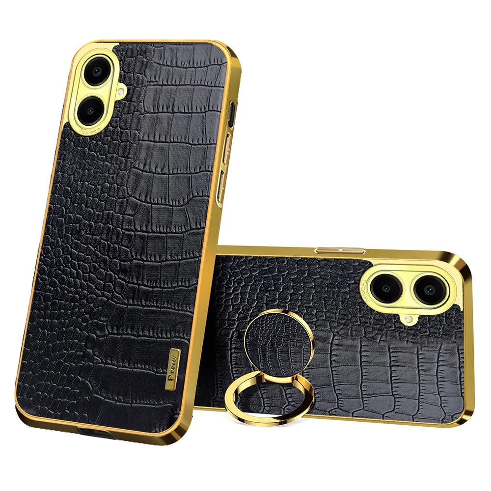 For Samsung Galaxy A06 4G Case Finger Ring Kickstand TPU+Leather 6D Electroplating Phone Cover - Black - 1