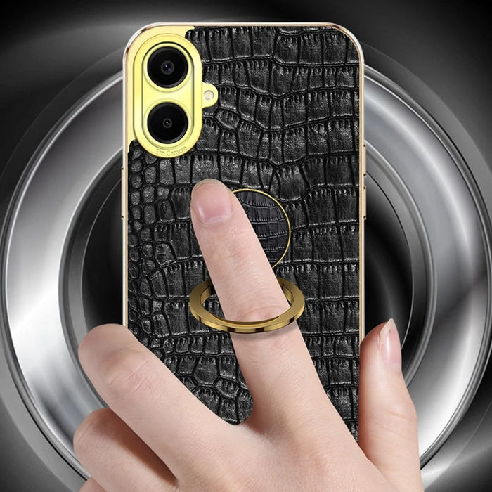 For Samsung Galaxy A06 4G Case Finger Ring Kickstand TPU+Leather 6D Electroplating Phone Cover - Black - 2