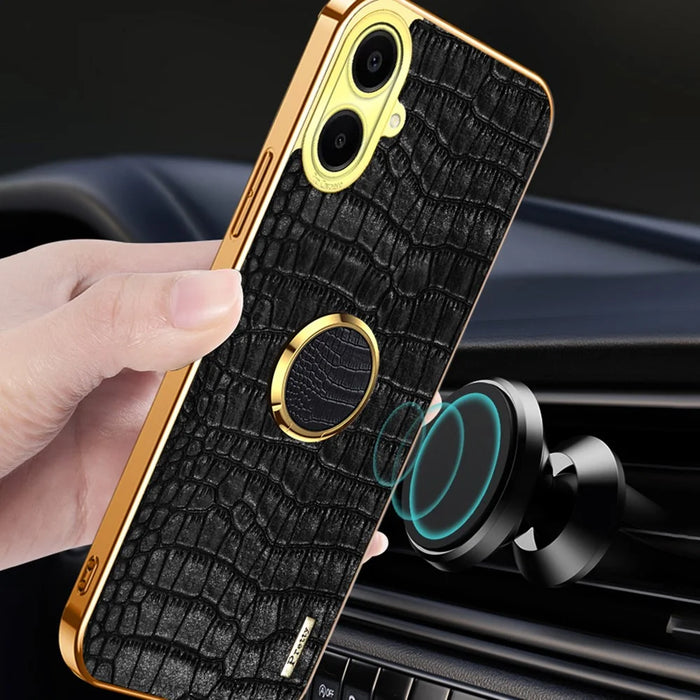 For Samsung Galaxy A06 4G Case Finger Ring Kickstand TPU+Leather 6D Electroplating Phone Cover - Black - 4