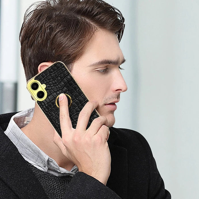 For Samsung Galaxy A06 4G Case Finger Ring Kickstand TPU+Leather 6D Electroplating Phone Cover - Black - 5