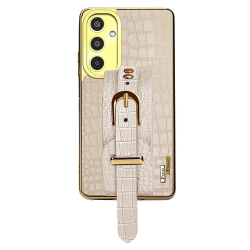 For Samsung Galaxy M35 5G Case Wristband Kickstand PU Leather+TPU 6D Electroplating Phone Cover - White - 1