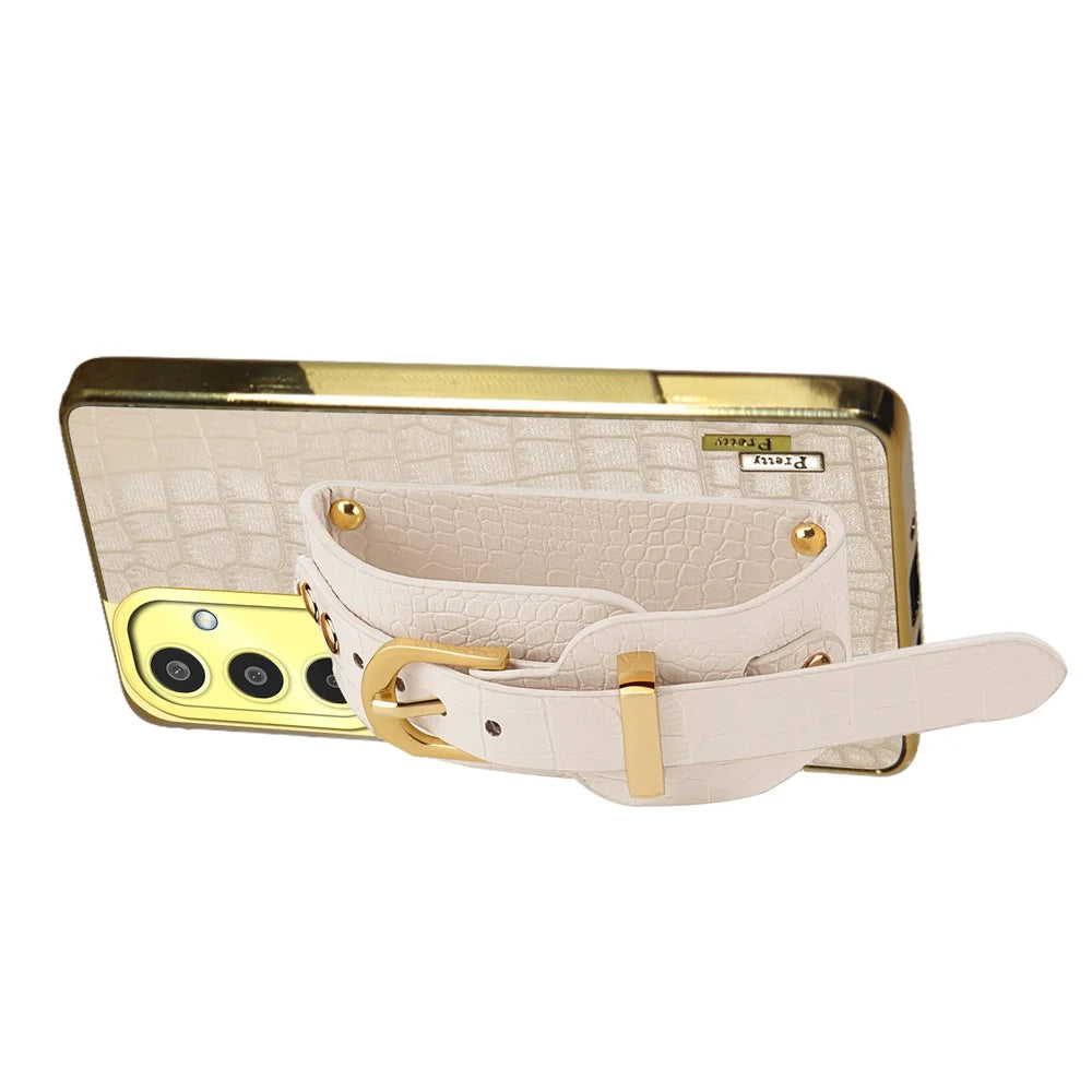 For Samsung Galaxy M35 5G Case Wristband Kickstand PU Leather+TPU 6D Electroplating Phone Cover - White - 2