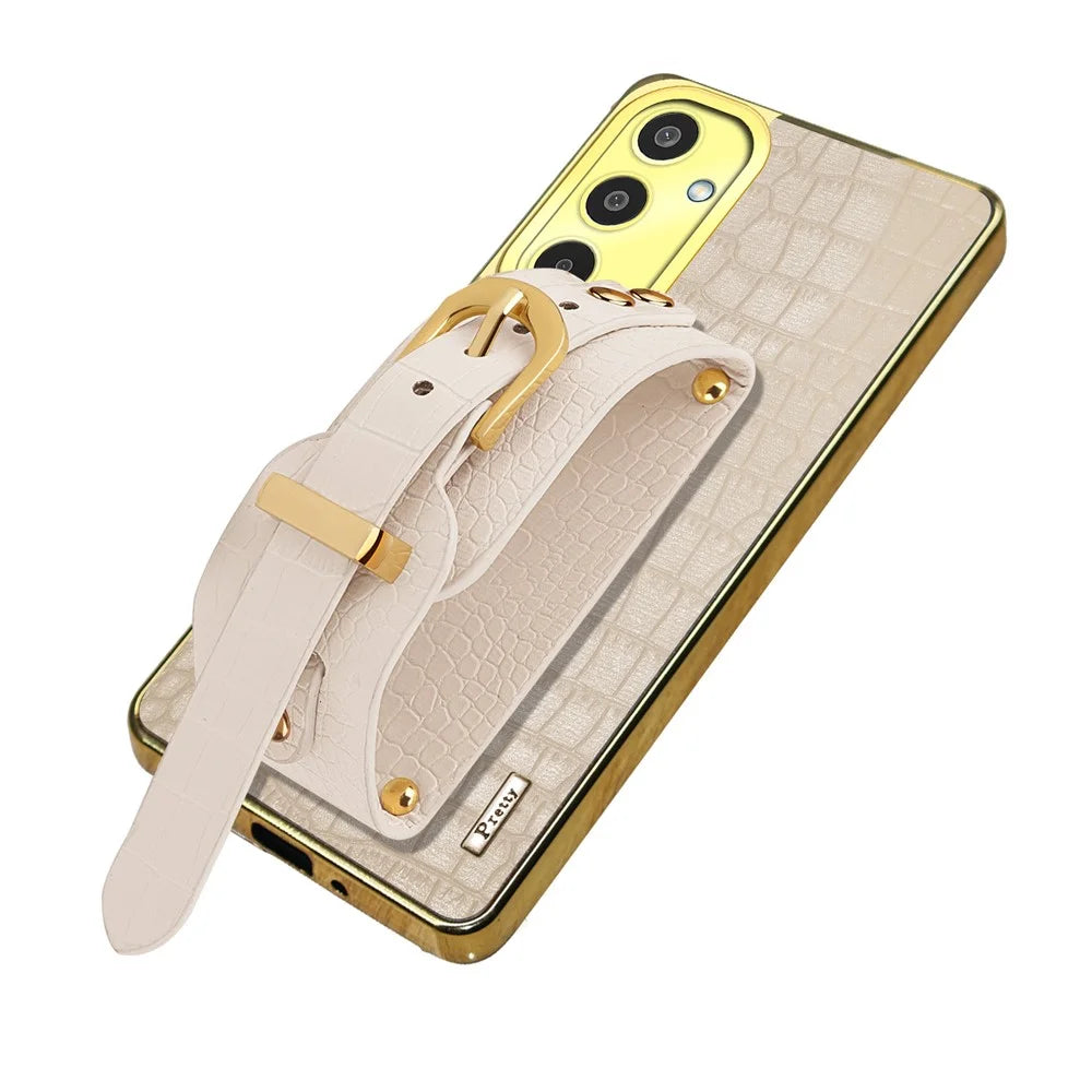 For Samsung Galaxy M35 5G Case Wristband Kickstand PU Leather+TPU 6D Electroplating Phone Cover - White - 3