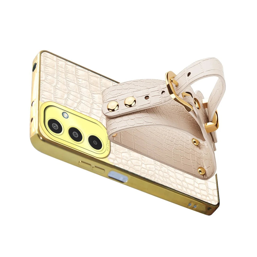 For Samsung Galaxy M35 5G Case Wristband Kickstand PU Leather+TPU 6D Electroplating Phone Cover - White - 4