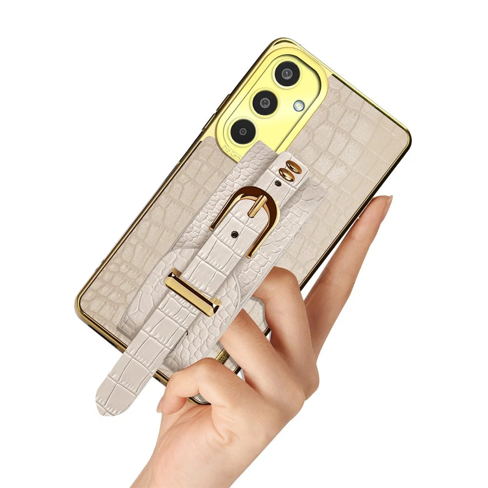 For Samsung Galaxy M35 5G Case Wristband Kickstand PU Leather+TPU 6D Electroplating Phone Cover - White - 5