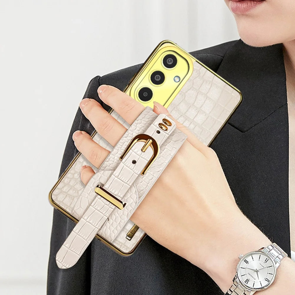 For Samsung Galaxy M35 5G Case Wristband Kickstand PU Leather+TPU 6D Electroplating Phone Cover - White - 6