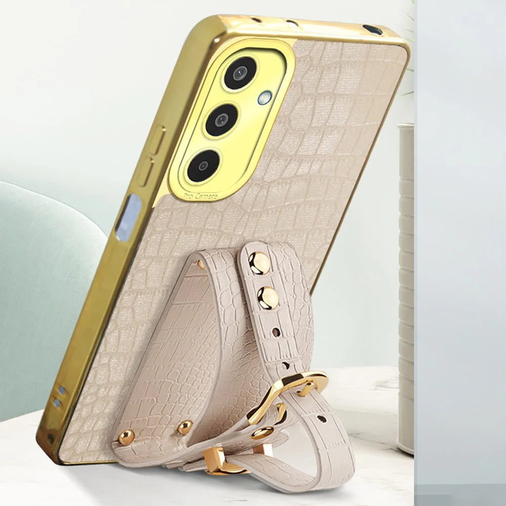 For Samsung Galaxy M35 5G Case Wristband Kickstand PU Leather+TPU 6D Electroplating Phone Cover - White - 7