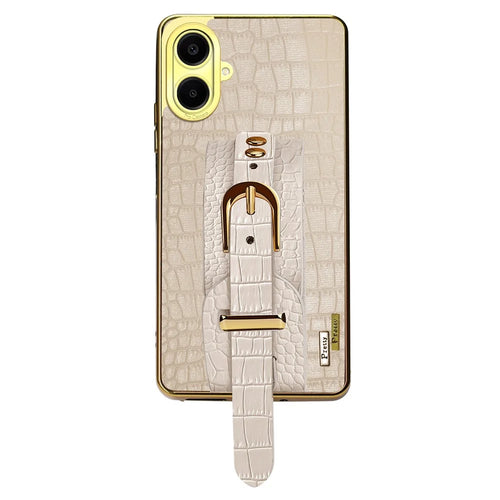 For Samsung Galaxy A06 4G Case Wristband Kickstand PU Leather+TPU 6D Electroplating Phone Cover - White - 1