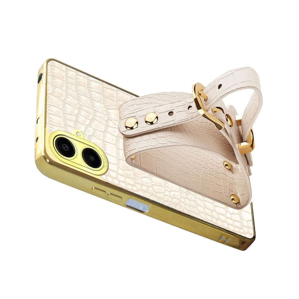 For Samsung Galaxy A06 4G Case Wristband Kickstand PU Leather+TPU 6D Electroplating Phone Cover - White - 3