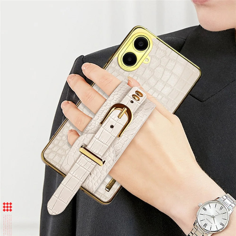 For Samsung Galaxy A06 4G Case Wristband Kickstand PU Leather+TPU 6D Electroplating Phone Cover - White - 4
