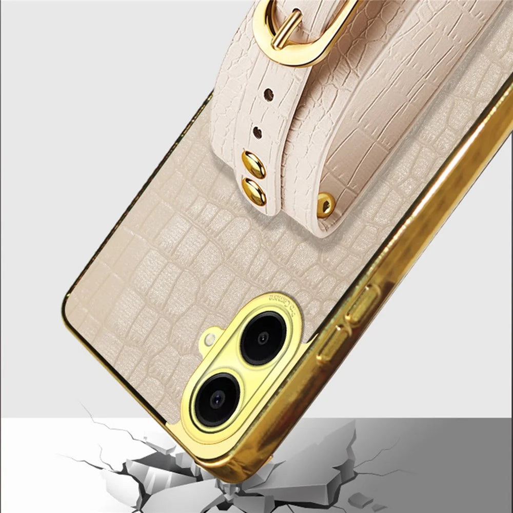 For Samsung Galaxy A06 4G Case Wristband Kickstand PU Leather+TPU 6D Electroplating Phone Cover - White - 7