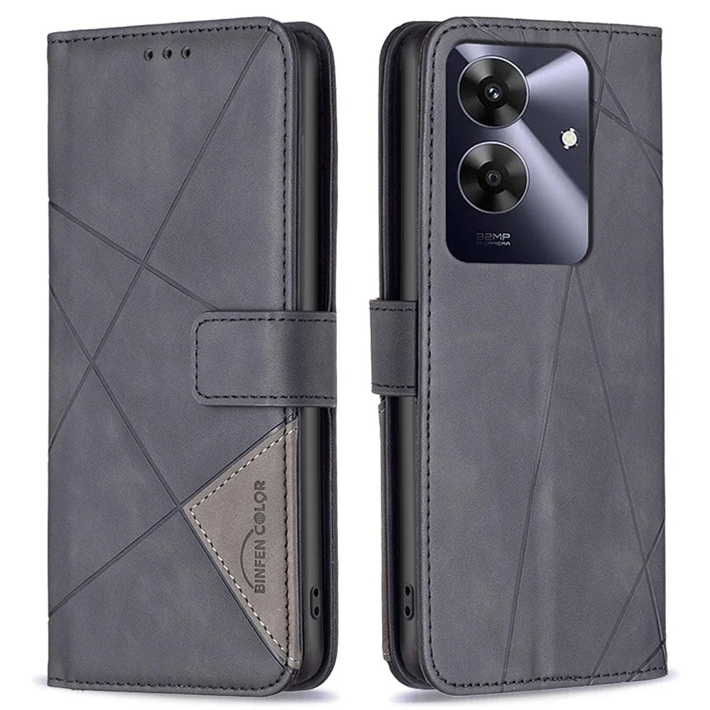 BINFEN COLOR For Realme Note 60 / C61 4G Phone Cases Wallet Stand Geometry Imprint Leather Cover - Black - 1